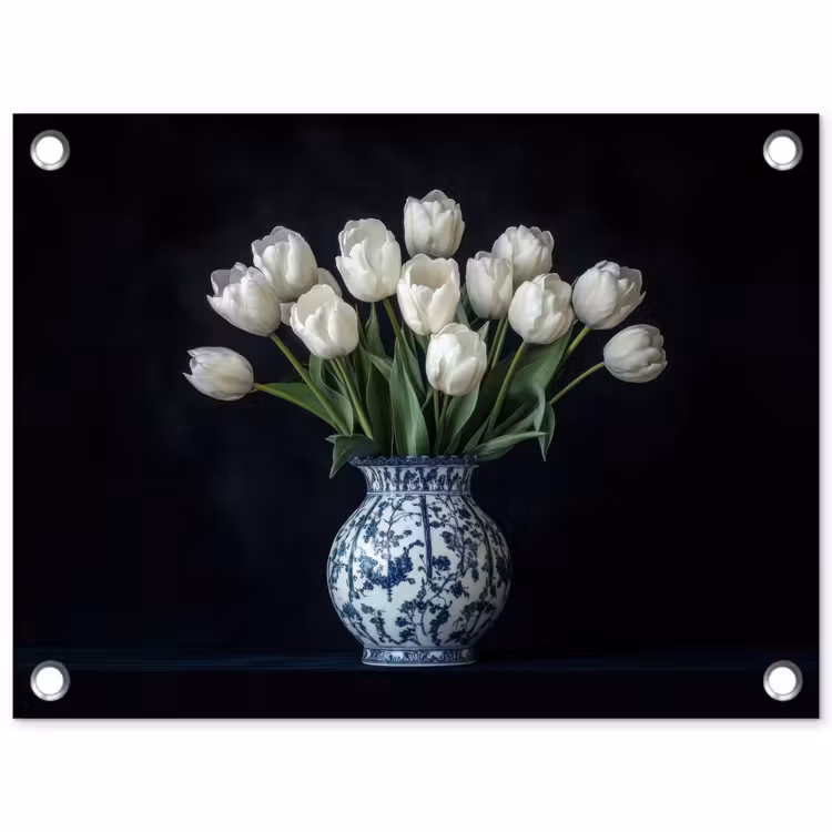 Wit - Bloemen - Tulpen - Vaas tuinposter los doek klein -3d