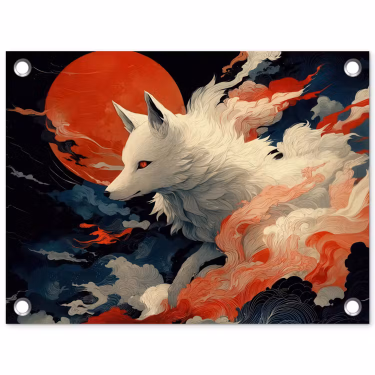 Witte vos - wolken - maan tuinposter los doek klein -3d