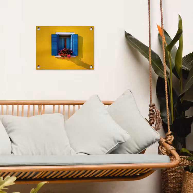 Raam - Bloemen - Gele muur tuinposter los doek klein -sfeer7