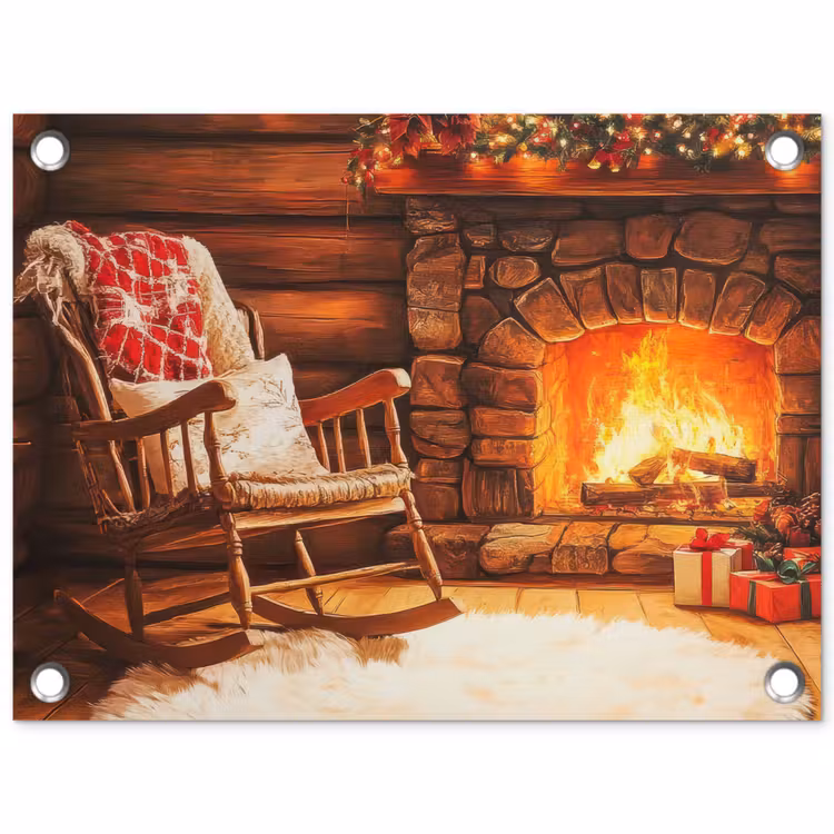 Winter - Kerst - Huis - Openhaard tuinposter los doek klein -3d