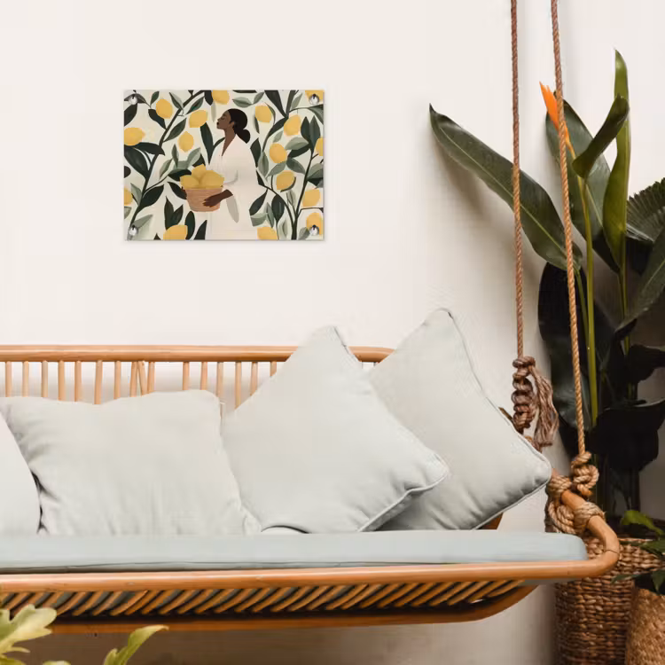 Vrouw - Mand - Citroenen - Bladeren tuinposter los doek klein -sfeer7