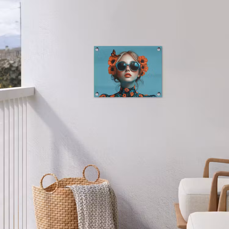 Vrouw - Blauw - Vlinder - Bloemen - Aesthetic tuinposter los doek klein -sfeer8