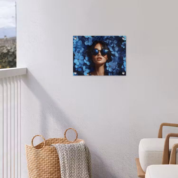 Vrouw - Blauw - Bloemen - Vlinders - Natuur tuinposter los doek klein -sfeer8