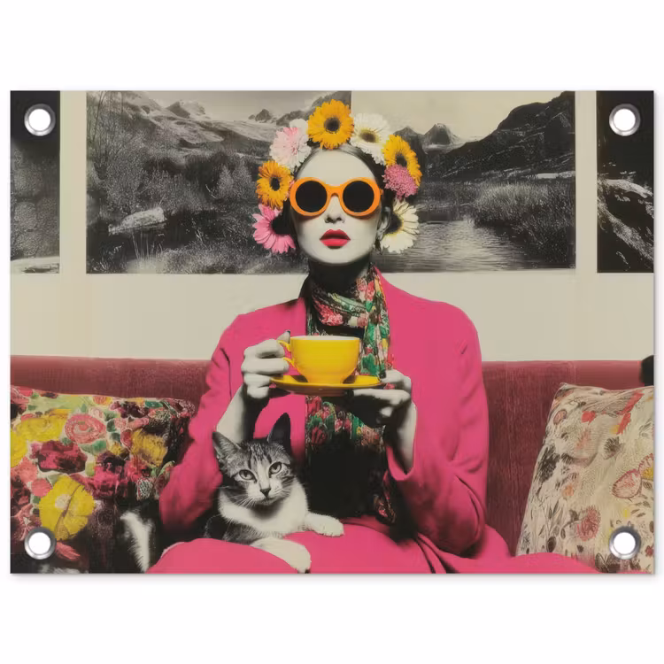 Vrouw - Kat - Bloemen - Kopje - Retro tuinposter los doek klein -3d