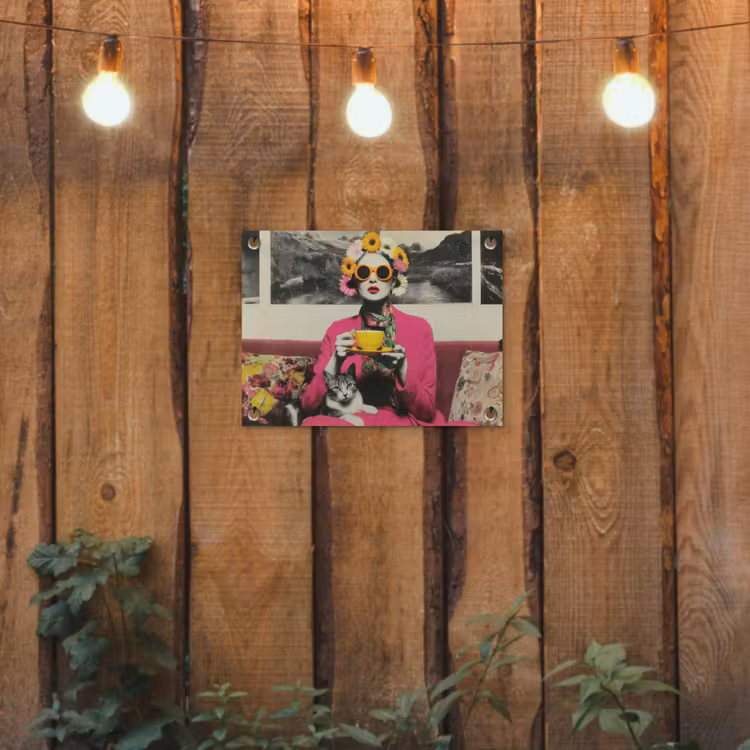 Vrouw - Kat - Bloemen - Kopje - Retro tuinposter los doek klein -sfeer1