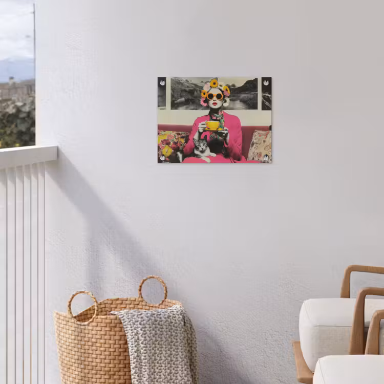 Vrouw - Kat - Bloemen - Kopje - Retro tuinposter los doek klein -sfeer8