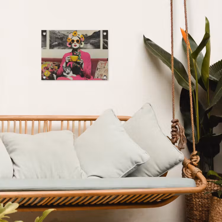 Vrouw - Kat - Bloemen - Kopje - Retro tuinposter los doek klein -sfeer7