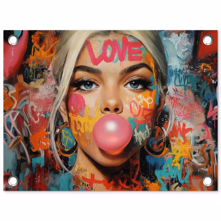 Vrouw - Kauwgom - Graffiti - Love tuinposter los doek klein -3d