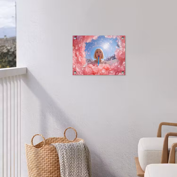 Vrouw - Drank - Zomer - Roze - Blauw tuinposter los doek klein -sfeer8