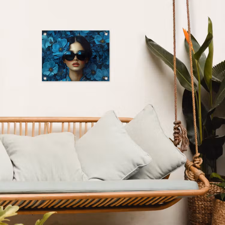 Vrouw - Bloemen - Blauw - Aesthetic - Luxe tuinposter los doek klein -sfeer7