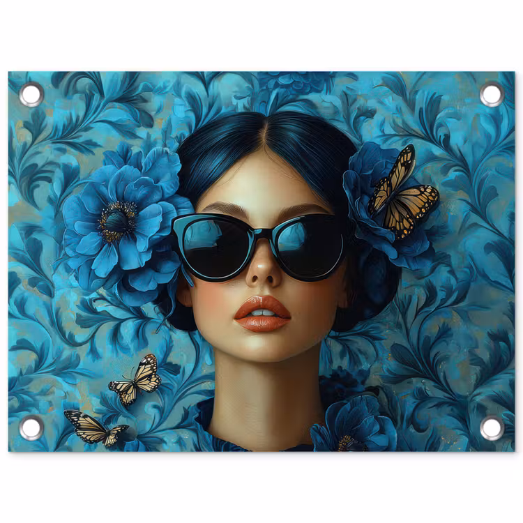 Vrouw - Bloemen - Vlinders - Blauw - Abstract tuinposter los doek klein -3d