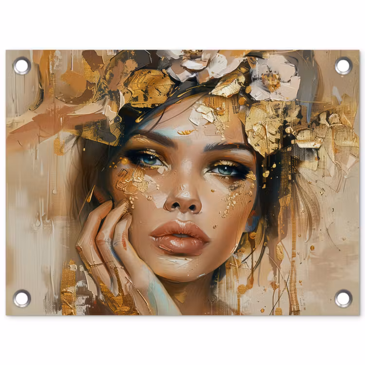 Vrouw - Bloemen - Goud - Portret tuinposter los doek klein -3d