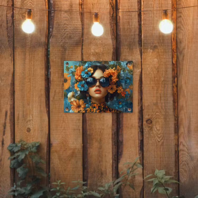 Vrouw - Bloemen - Oranje - Blauw - Modern tuinposter los doek klein -sfeer1
