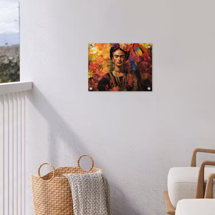 Vrouw - Bloemen - Papegaai - Schilderachtig tuinposter los doek klein -sfeer8