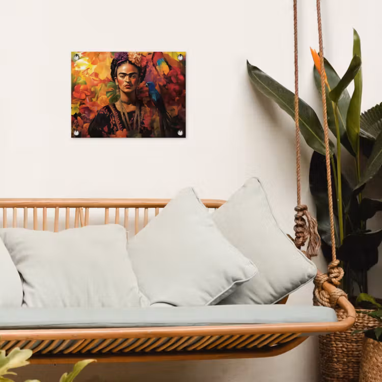Vrouw - Bloemen - Papegaai - Schilderachtig tuinposter los doek klein -sfeer7