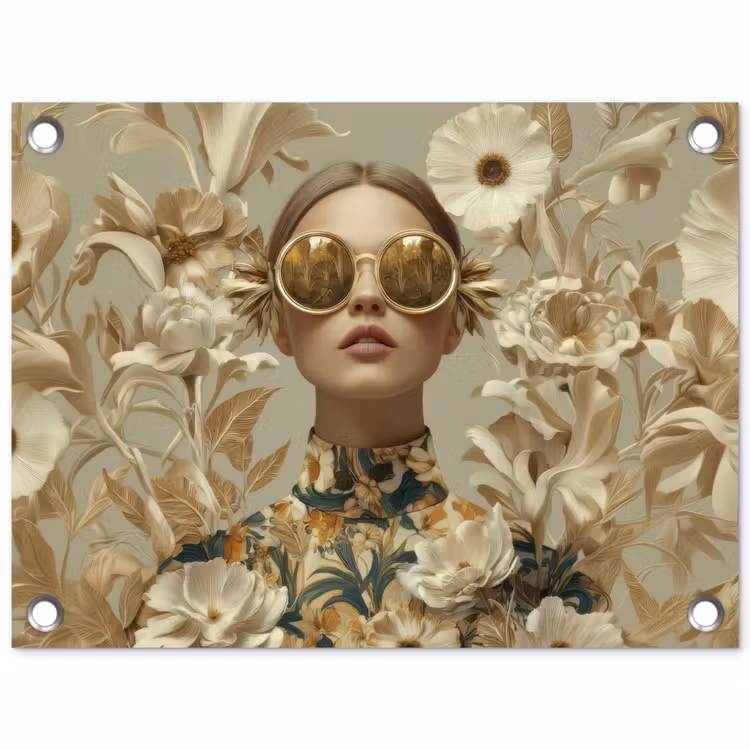 Vrouw - Bloemen - Zonnebril - Wit tuinposter los doek klein -3d