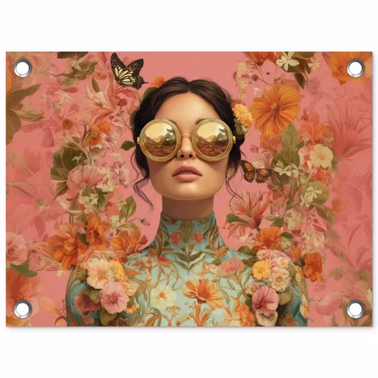 Vrouw - Bril - Roze - Bloemen tuinposter los doek klein -3d