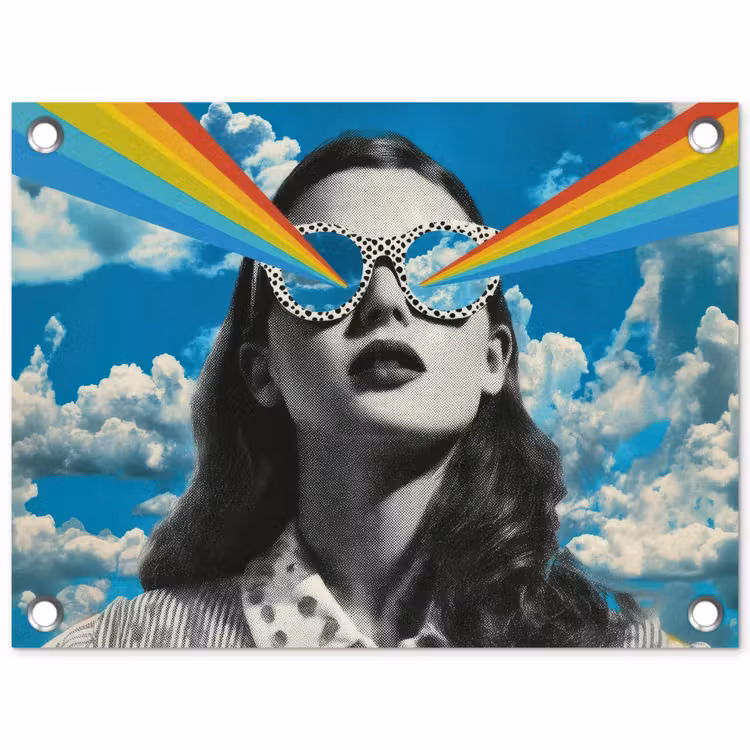 Vrouw - Bril - Regenboog - Wolken tuinposter los doek klein -3d