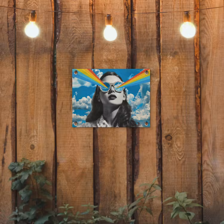 Vrouw - Bril - Regenboog - Wolken tuinposter los doek klein -sfeer1