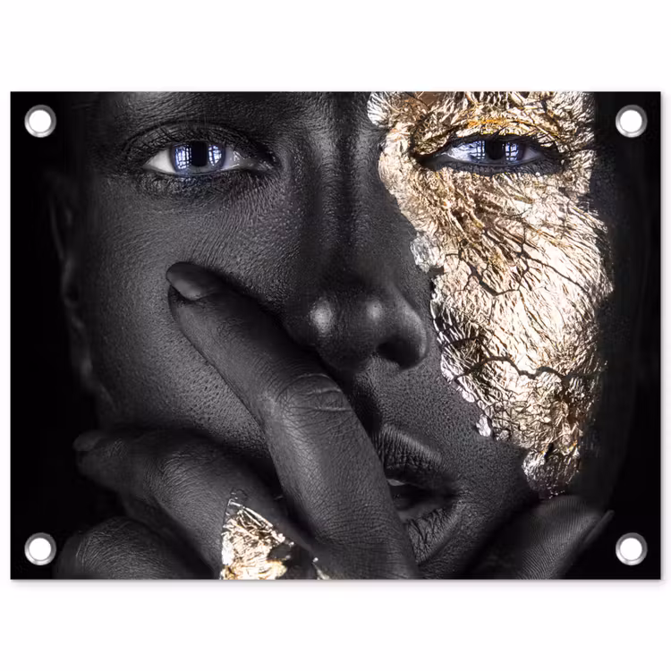 Vrouw - Goud - Zwart - Schmink - Luxe tuinposter los doek klein -3d