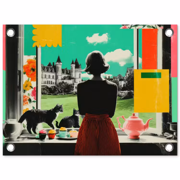 Vrouw - Keuken - Katten - Doorkijk tuinposter los doek klein -3d