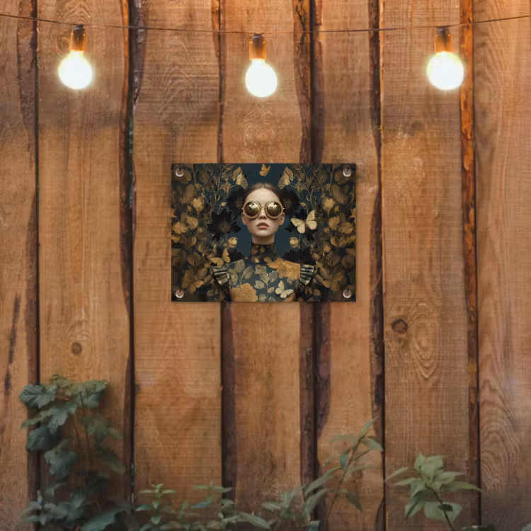 Vrouw - Bladeren - Goud - Vlinders tuinposter los doek klein -sfeer1
