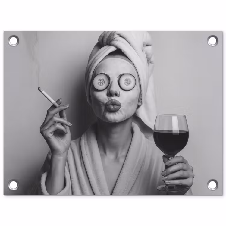 Vrouw - Masker - Wijn - Sigaret tuinposter los doek klein -3d