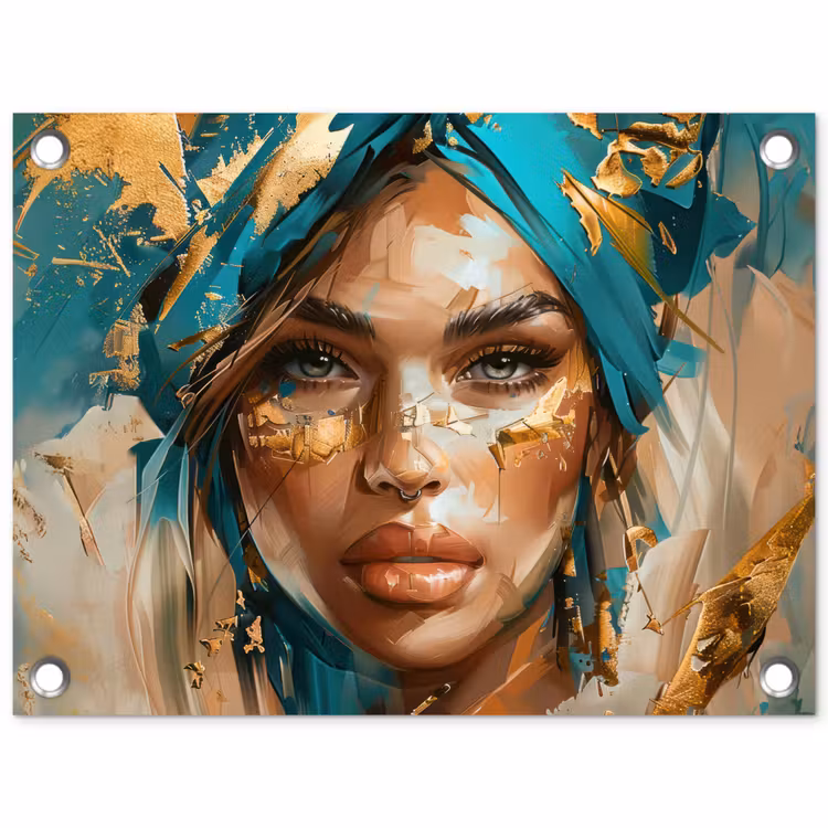 Vrouw - Portret - Goud - Luxe - Blauw tuinposter los doek klein -3d