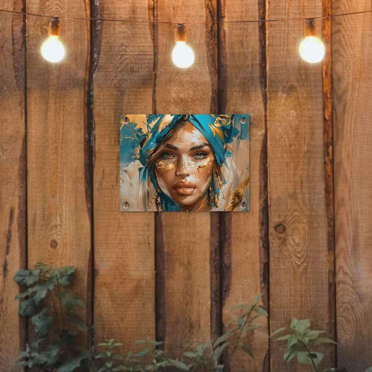 Vrouw - Portret - Goud - Luxe - Blauw tuinposter los doek klein -sfeer1