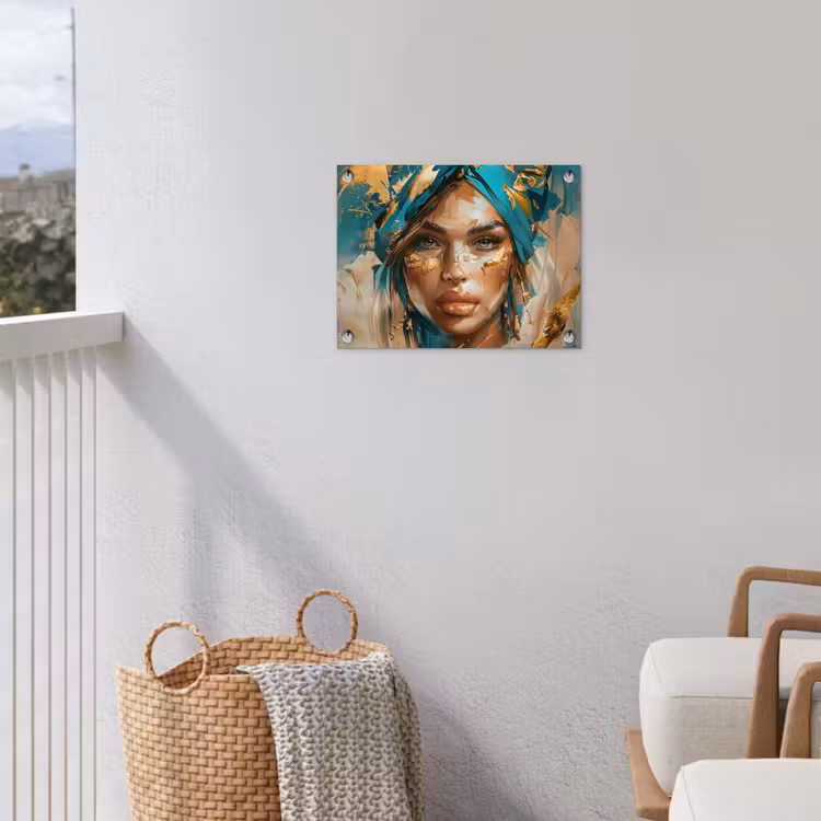 Vrouw - Portret - Goud - Luxe - Blauw tuinposter los doek klein -sfeer8