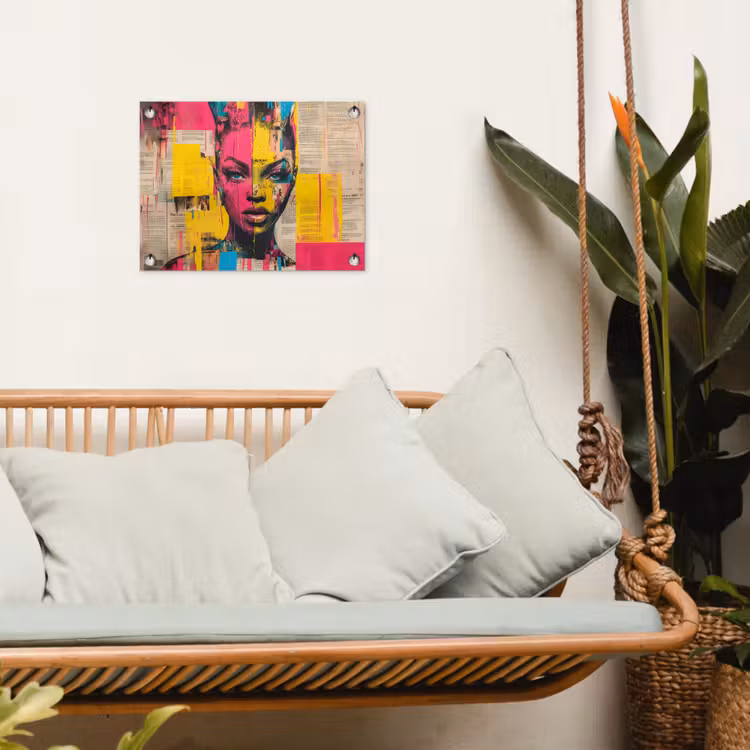 Vrouwengezicht - Krantenpapier - Abstract - Roze tuinposter los doek klein -sfeer7