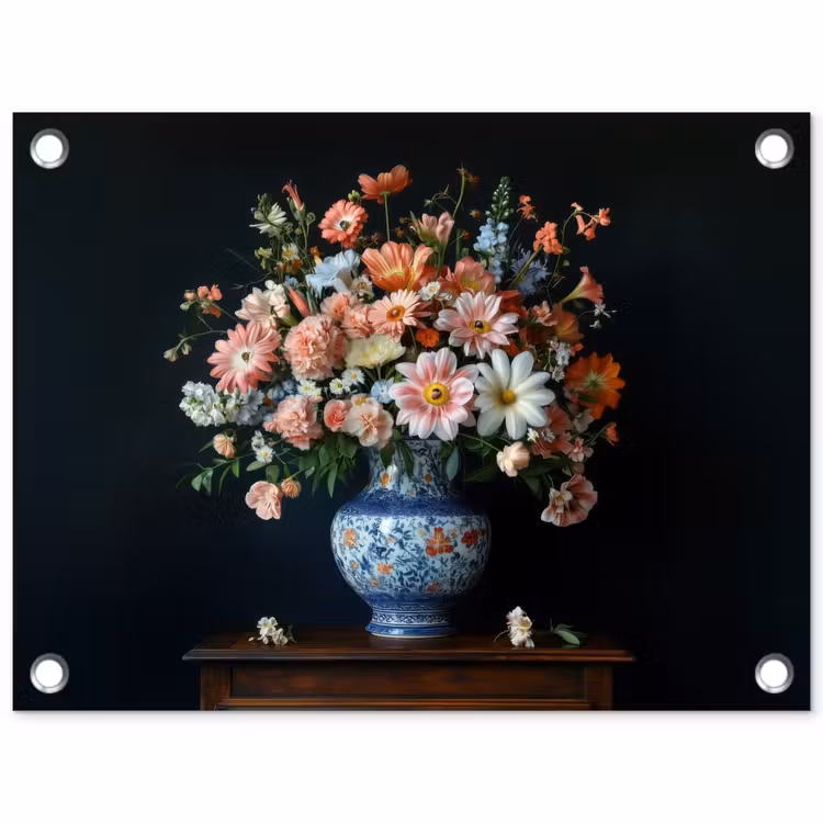 Hout - Vaas - Kleuren - Bloemen tuinposter los doek klein -3d