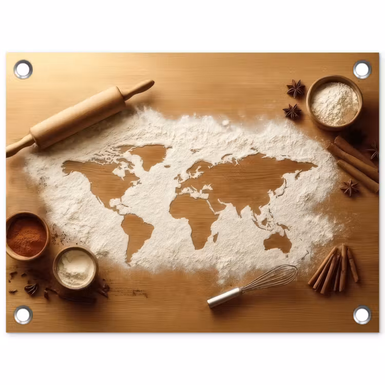 Hout - Wereldkaart - Bakken - Keuken tuinposter los doek klein -3d