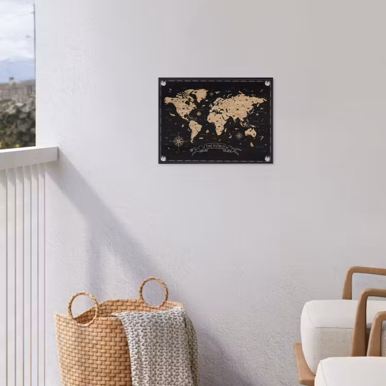 Wereldkaart - Beige - Zwart tuinposter los doek klein -sfeer8