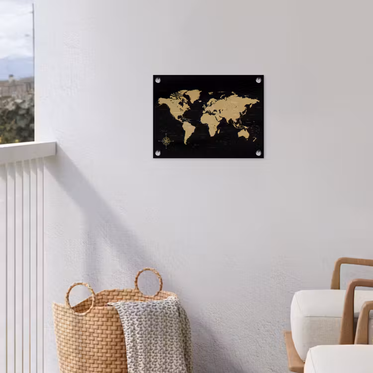 Wereldkaart - Beige - Zwart tuinposter los doek klein -sfeer8