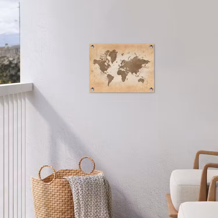 Wereldkaart - Beige - Bruin tuinposter los doek klein -sfeer8