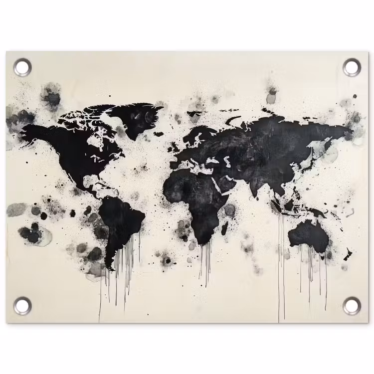 Wereldkaart - Zwart - Inkt tuinposter los doek klein -3d