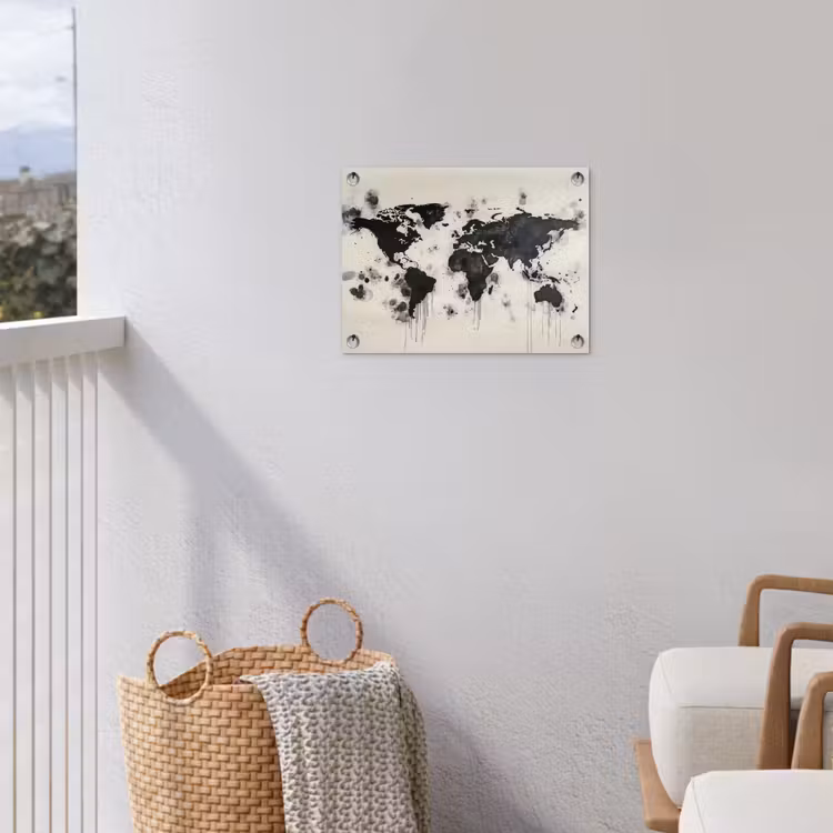 Wereldkaart - Zwart - Inkt tuinposter los doek klein -sfeer8