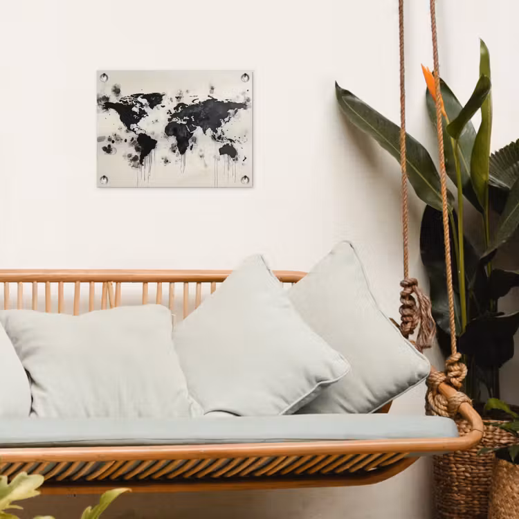 Wereldkaart - Zwart - Inkt tuinposter los doek klein -sfeer7