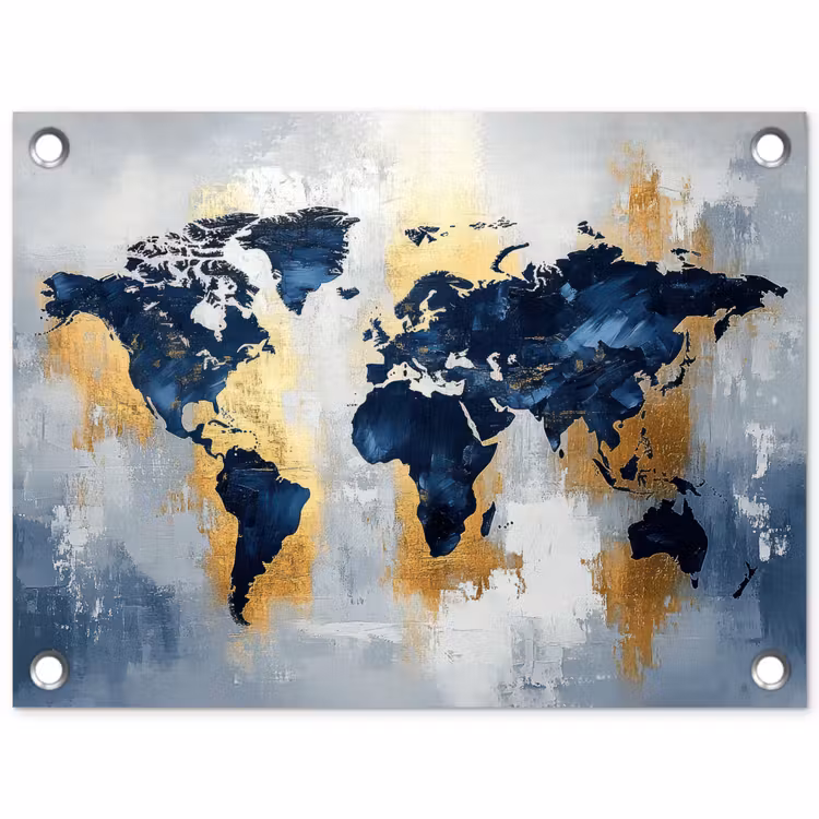 Wereldkaart - Blauw - Abstract tuinposter los doek klein -3d