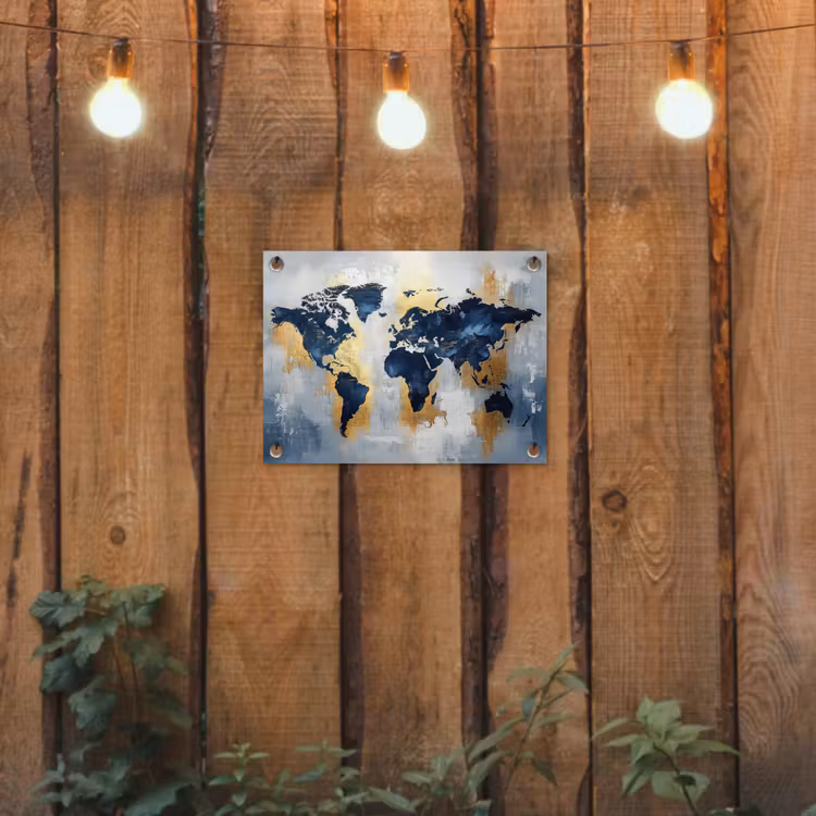 Wereldkaart - Blauw - Abstract tuinposter los doek klein -sfeer1
