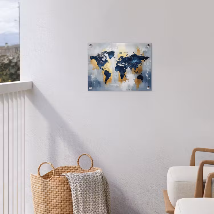Wereldkaart - Blauw - Abstract tuinposter los doek klein -sfeer8