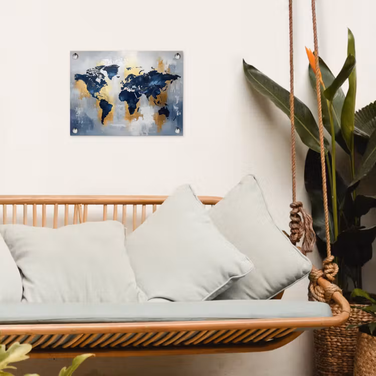 Wereldkaart - Blauw - Abstract tuinposter los doek klein -sfeer7