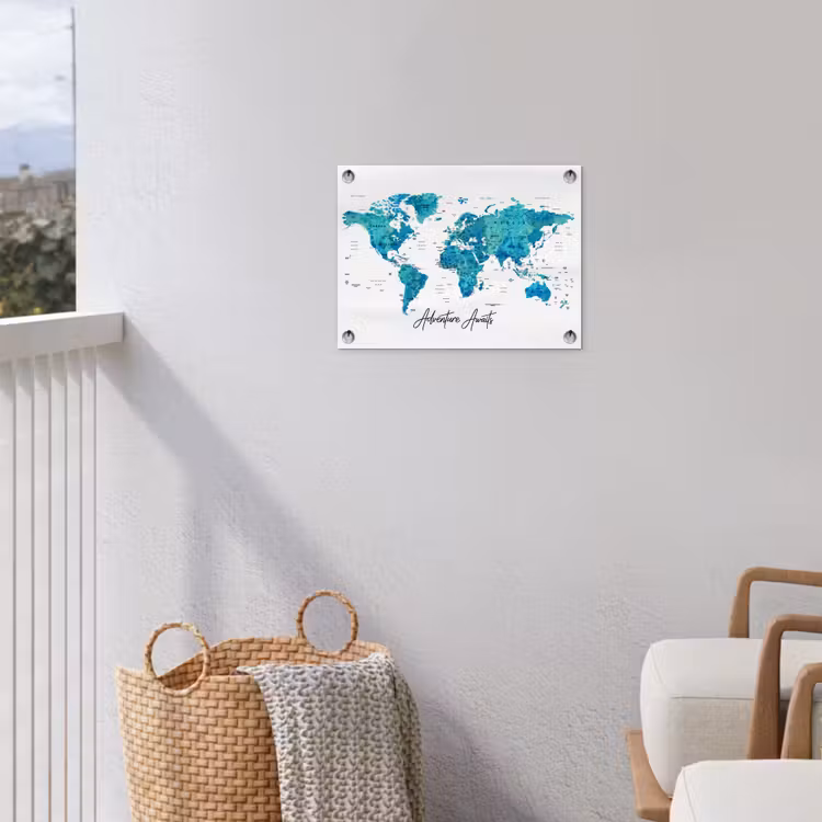 Wereldkaart - Blauw - Kleurrijk tuinposter los doek klein -sfeer8
