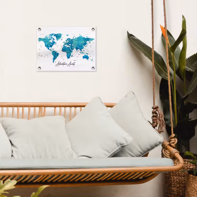 Wereldkaart - Blauw - Kleurrijk tuinposter los doek klein -sfeer7
