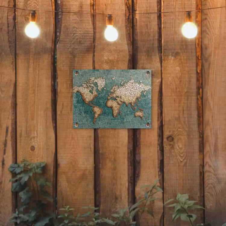 Wereldkaart - Gebroken tegels - Mozaïek tuinposter los doek klein -sfeer1