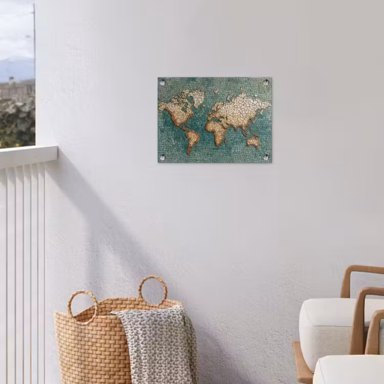 Wereldkaart - Gebroken tegels - Mozaïek tuinposter los doek klein -sfeer8