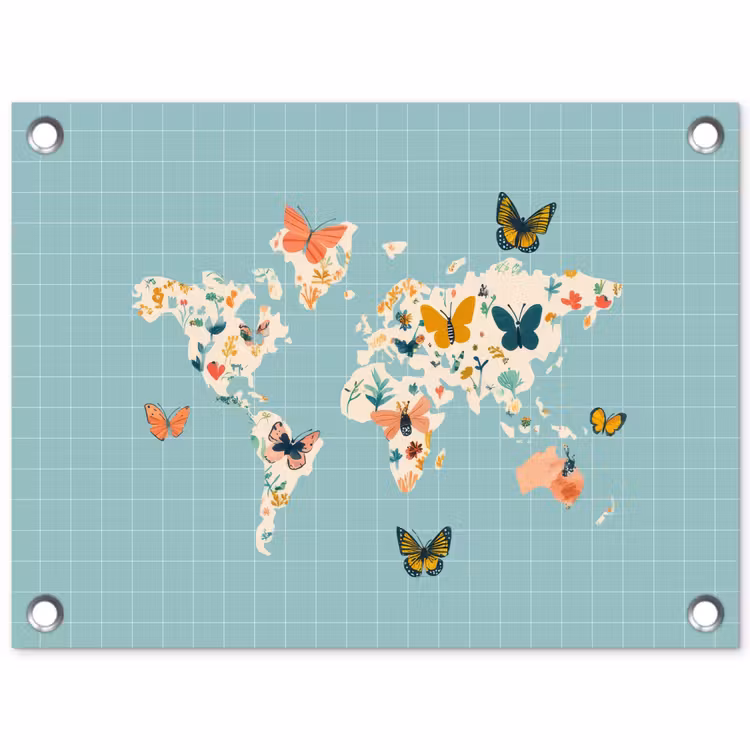 Wereldkaart - Vlinders - Dromerig tuinposter los doek klein -3d