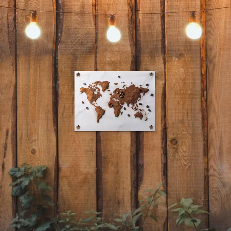 Wereldkaart - Koffie - Marmer tuinposter los doek klein -sfeer1