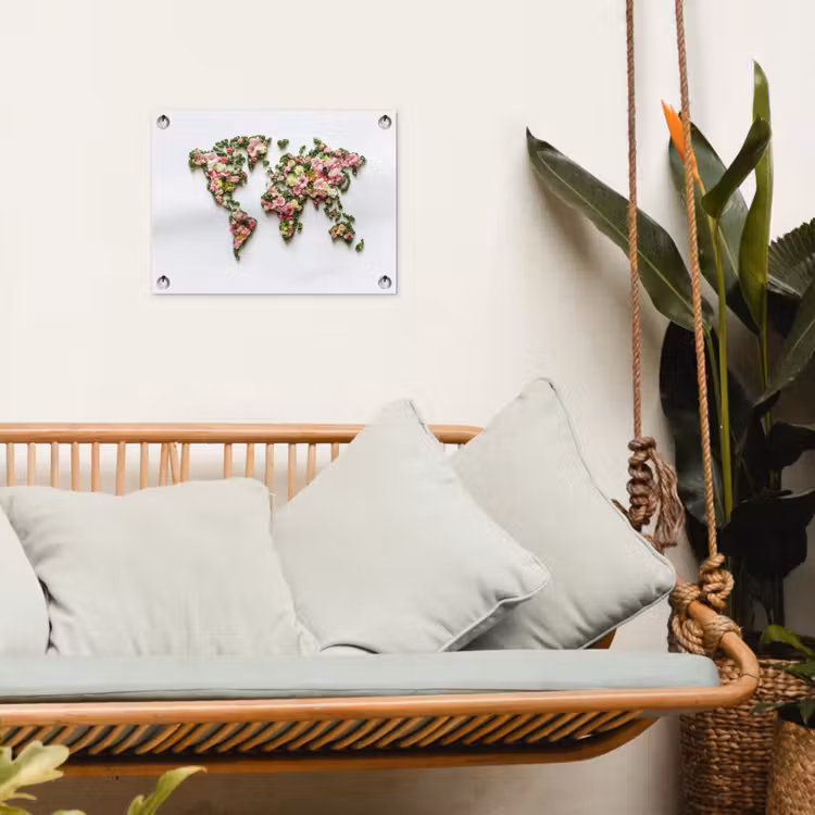 Wereldkaart - Kleurrijk - Bloemen - Lente tuinposter los doek klein -sfeer7